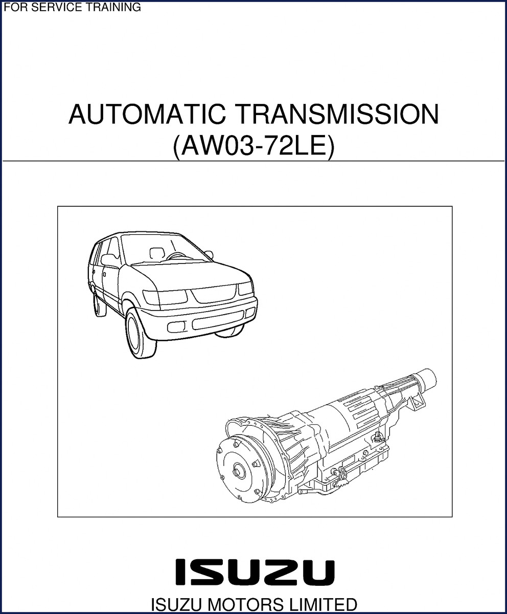 Isuzu AW03-72LE training manual cover page showing transmission cutaway