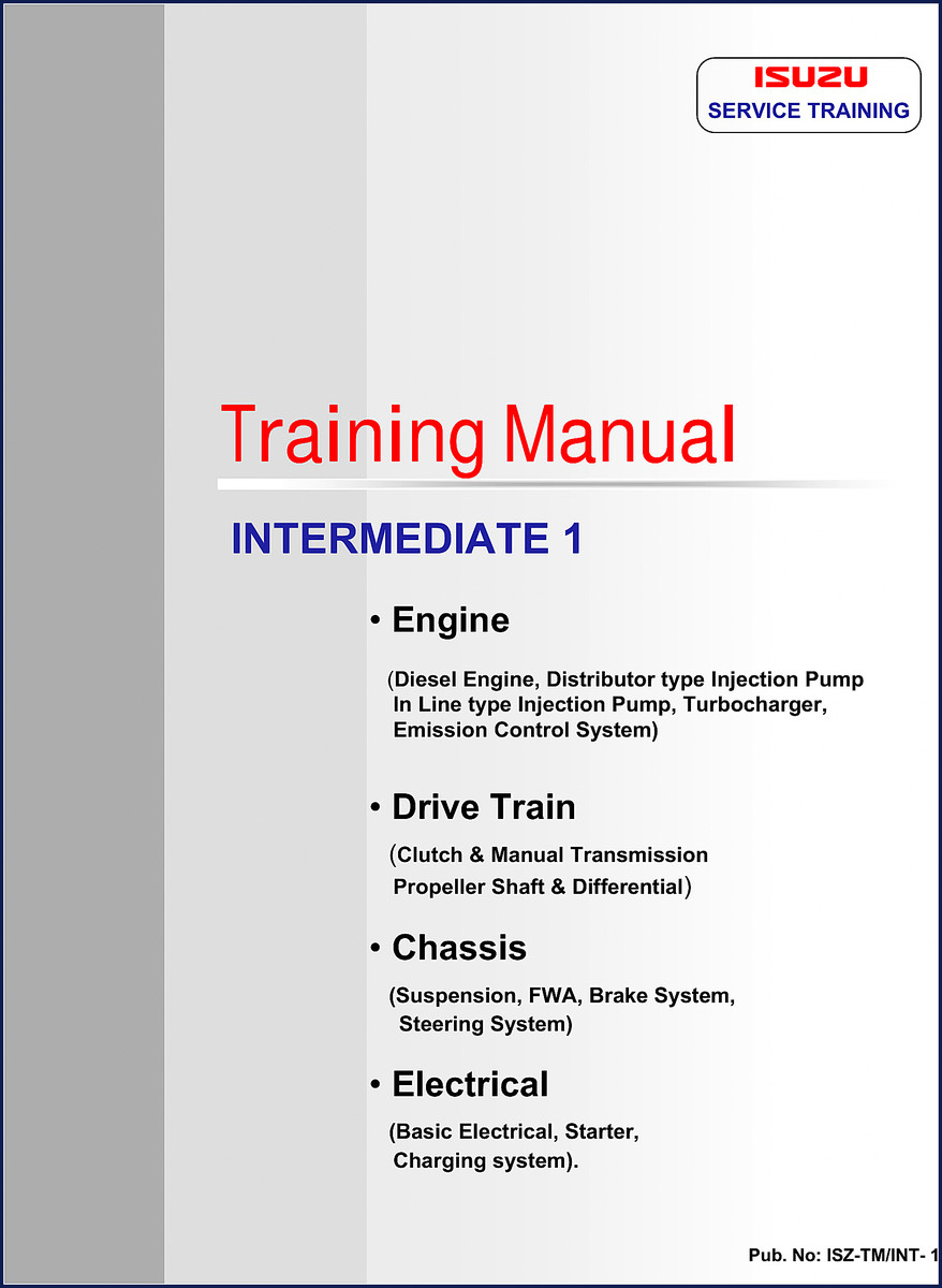 Isuzu TBR54 TFS77 NKR55 NKR71 NHR55 Training Manual cover showing engine and chassis diagrams