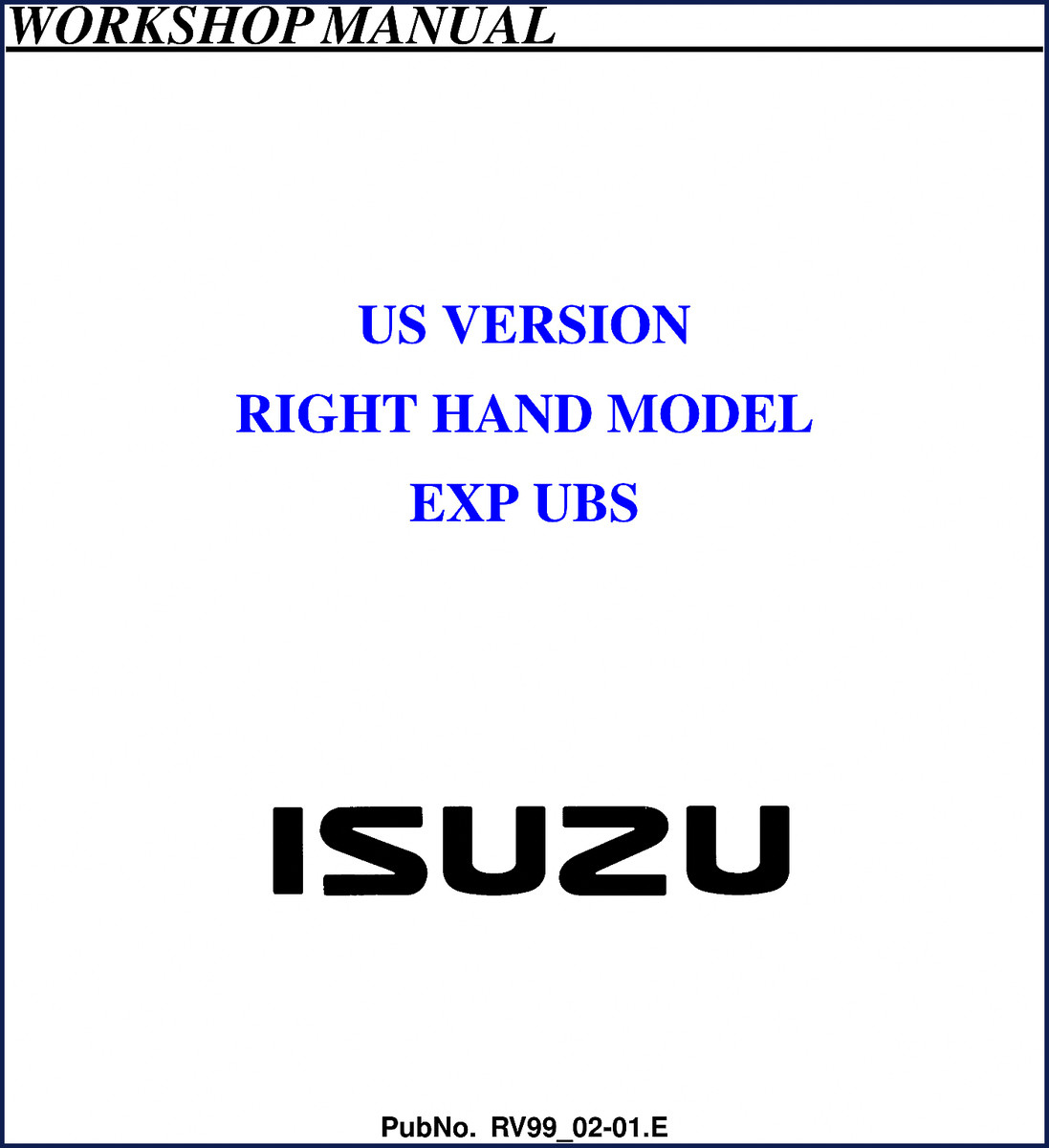 1999 Isuzu UBS Workshop Manual cover showing Frontera UE and section numbering