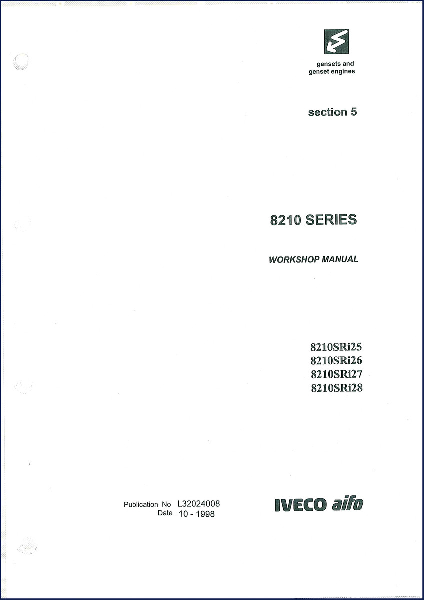 Iveco 8210 series 1998 workshop manual cover showing models 8210SRi25 to 8210SRi28