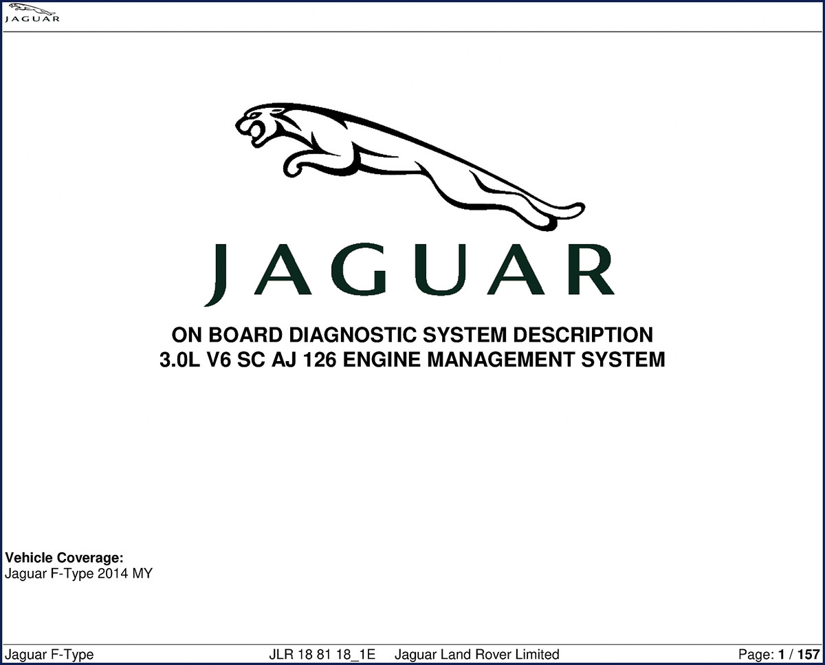 2014 Jaguar F-Type Diagnostics Manual cover showing On Board Diagnostic System Description for 3.0L V6 SC AJ126