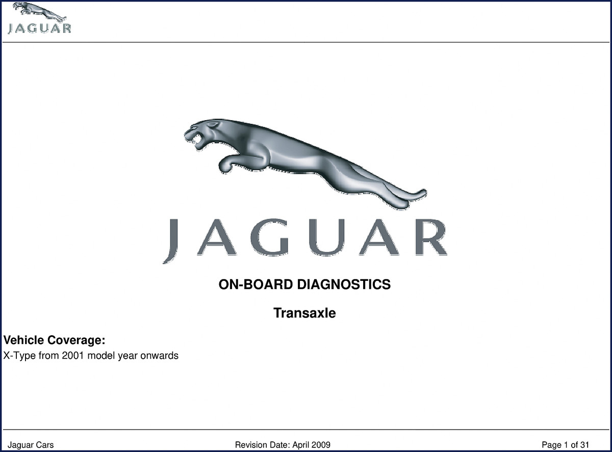 2009 Jaguar X-Type OEM diagnostics manual cover showing transaxle system diagram