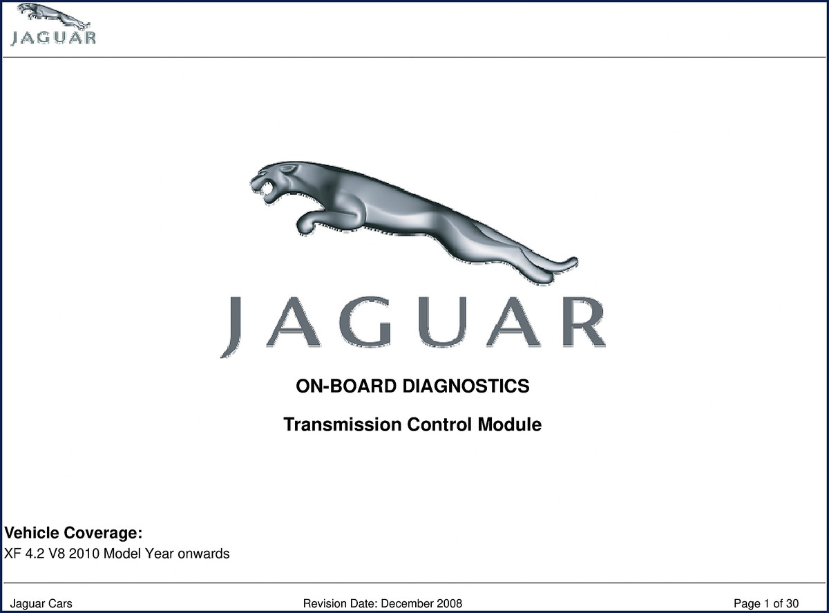 Jaguar XF Diagnostics Manual 2008 cover showing transmission control module diagram