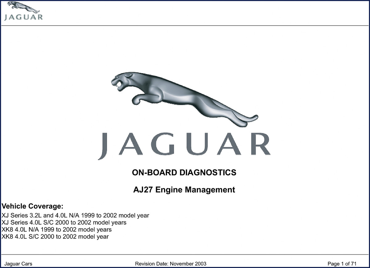 Jaguar XJ XK8 2003 OEM Diagnostics Manual cover showing AJ27 engine management system