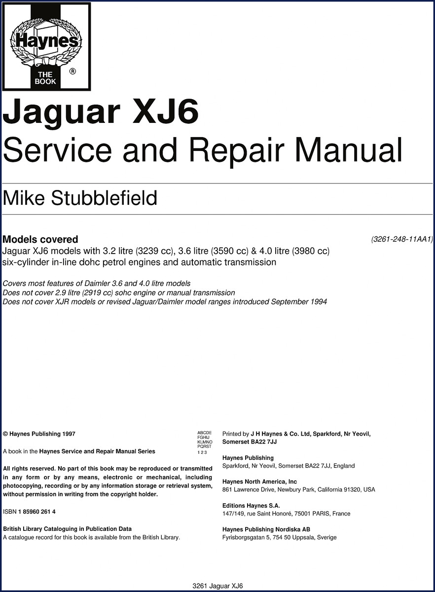 1997 Jaguar XJ6 Haynes repair manual cover showing a sedan with visible engine bay