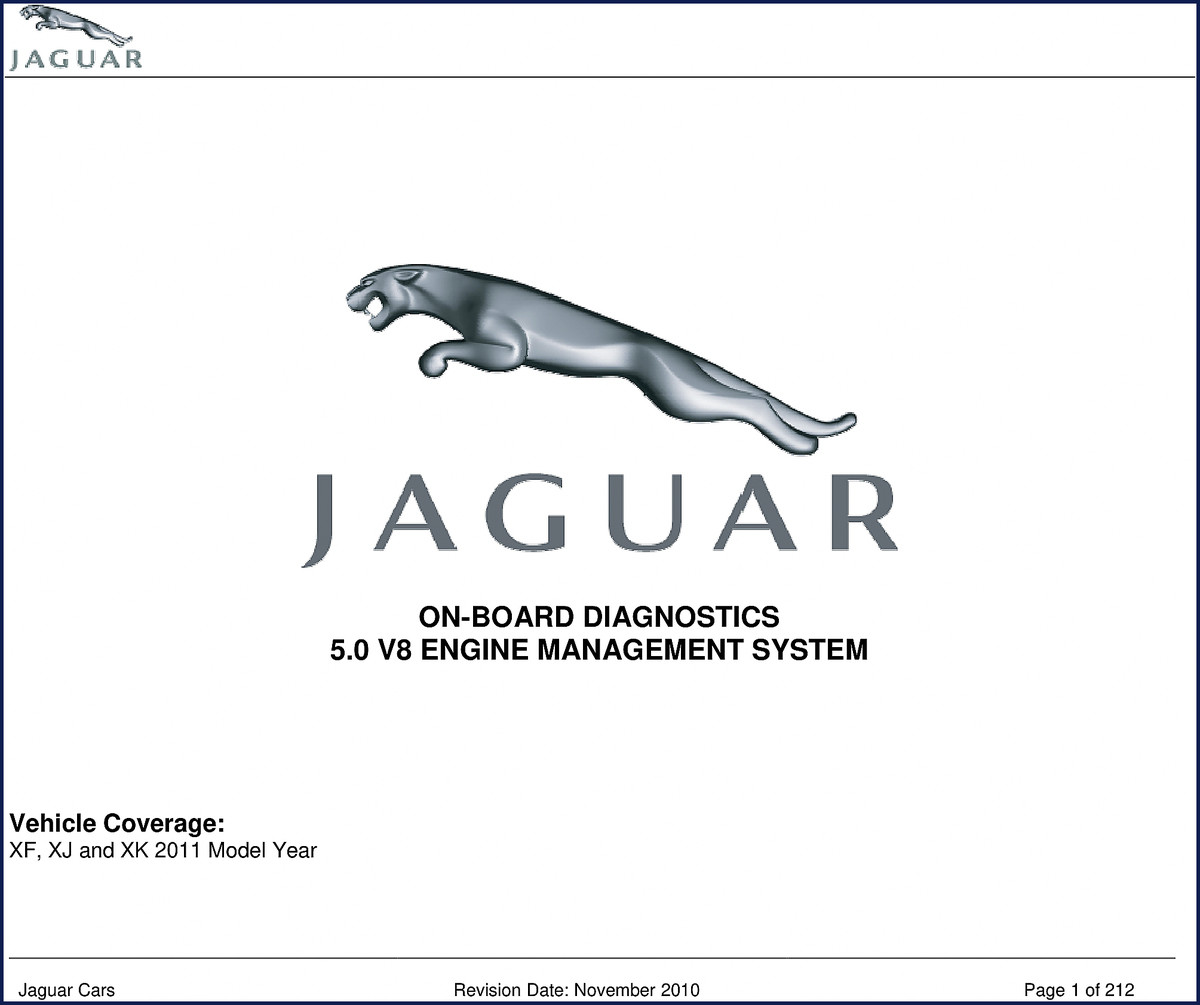 2010 Jaguar XK XF XJ Diagnostics Manual cover showing OBD-II connector and engine bay