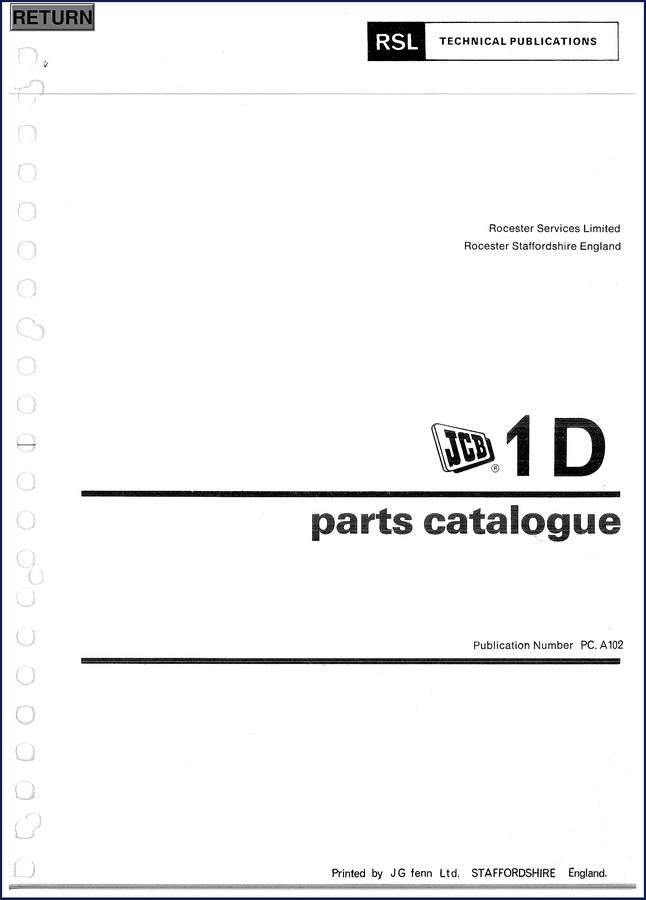JCB 1D parts catalog cover showing factory manual from RSL Technical Publications