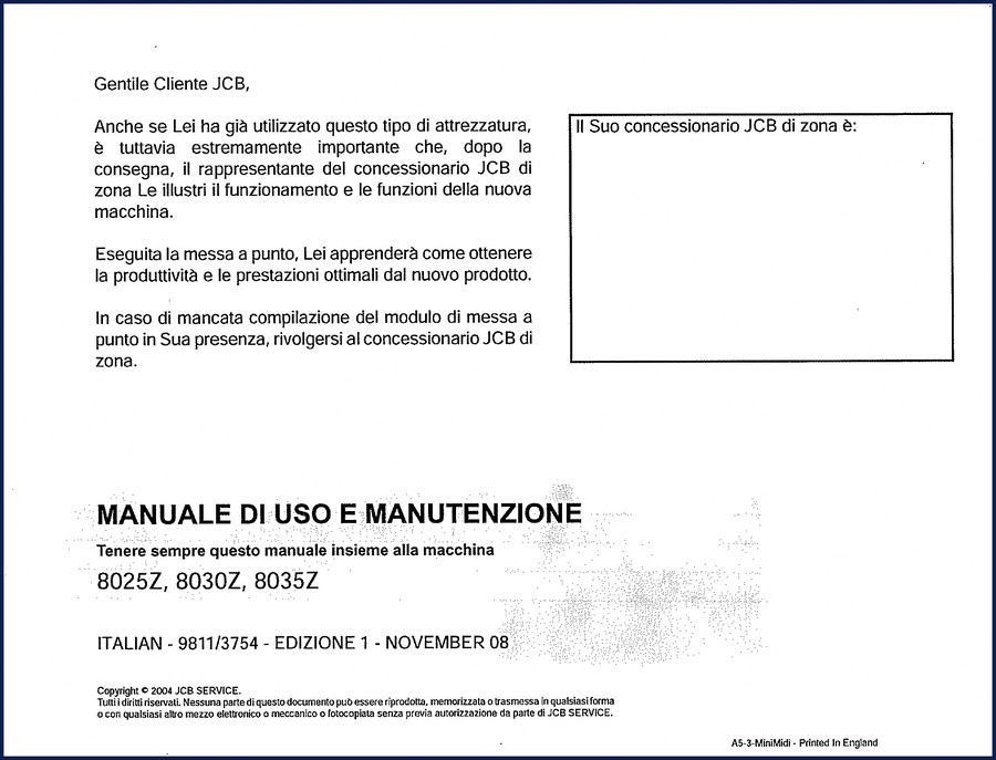 JCB 8025Z, 8030Z, 8035Z 2008 User Manual cover showing safety and operating instructions