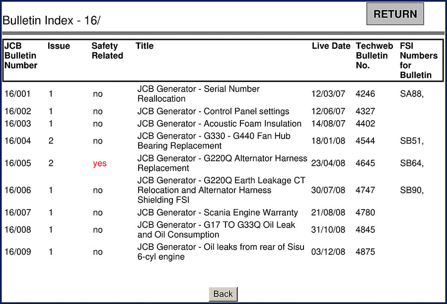 JCB G330 generator technical manual cover 2007 service bulletin