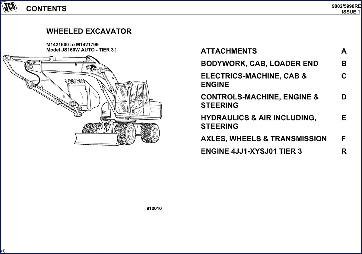 JCB JS160W Auto Tier 3 Parts Catalog cover, 629 pages