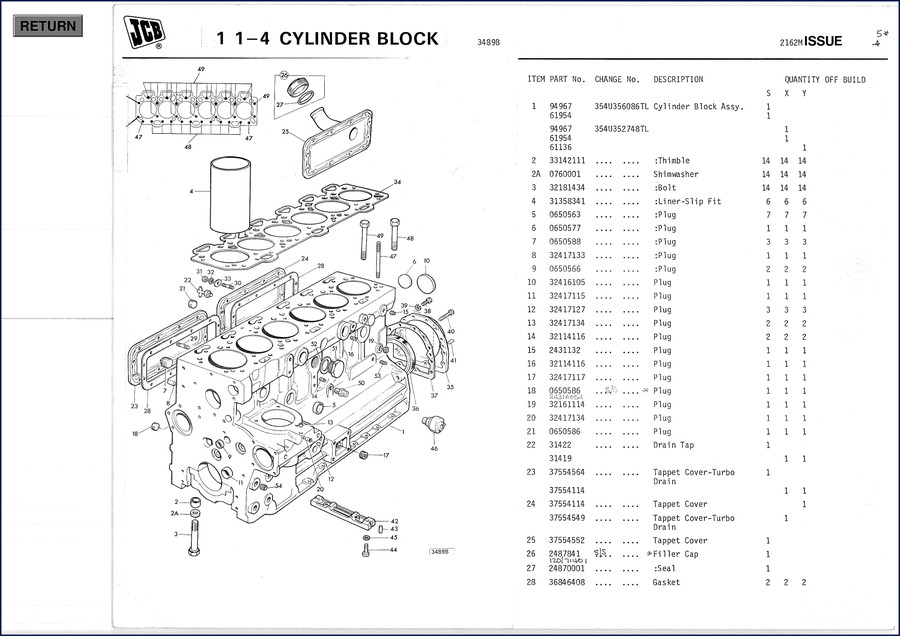 JCB T6354 Parts Catalog – 192-page factory parts manual showing cylinder block exploded view and part number list