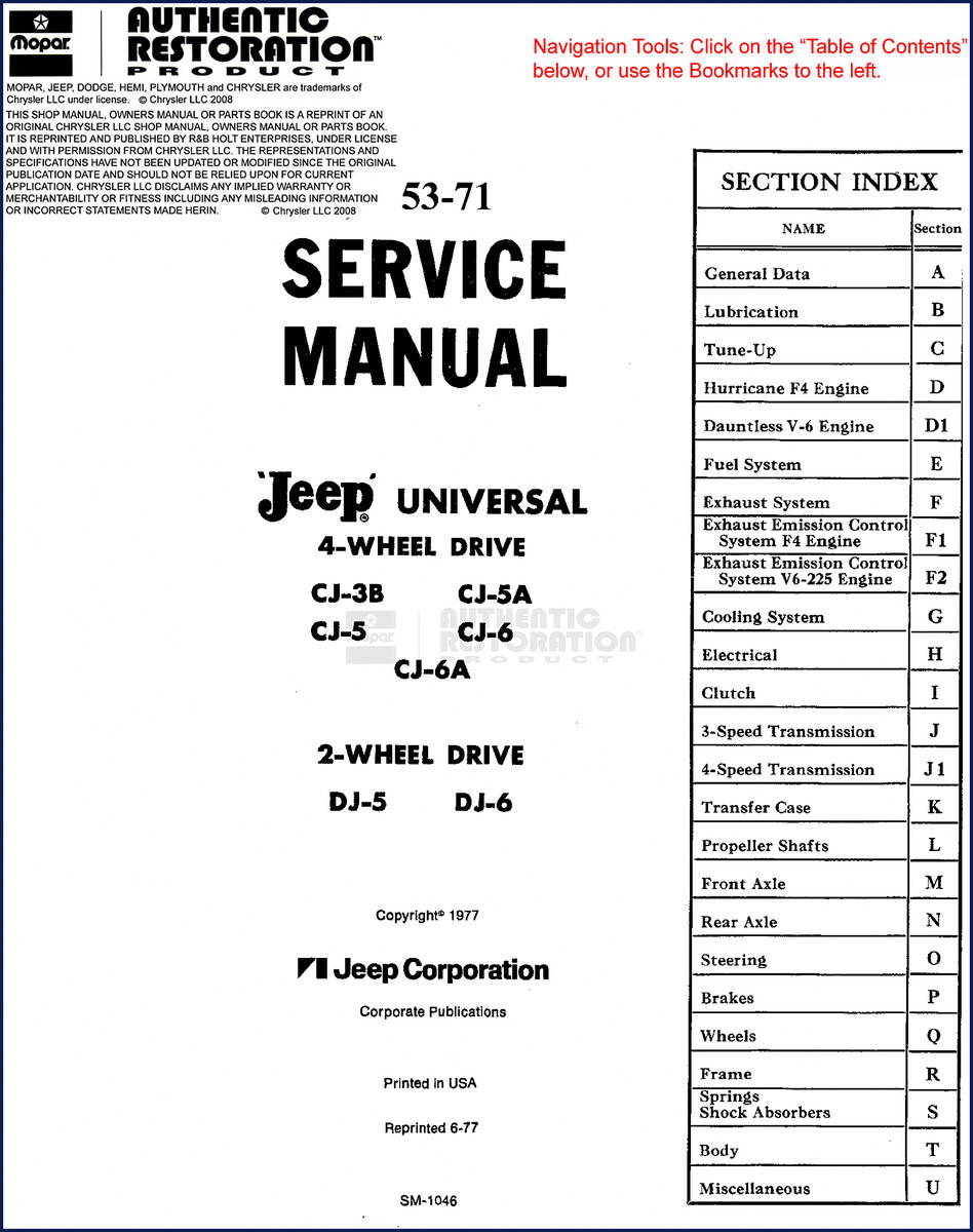1977 Jeep CJ Series Service Manual cover showing CJ-3B and CJ-5 models, factory OEM reprint