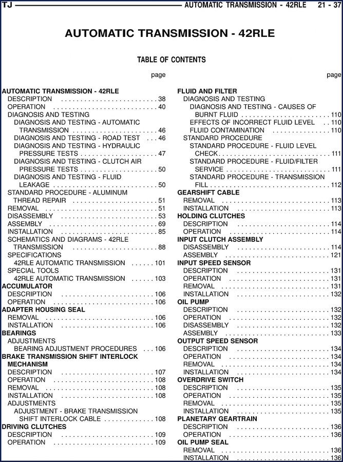 Jeep TJ Service Manual cover for 42RLE automatic transmission repair - 128 pages OEM factory document