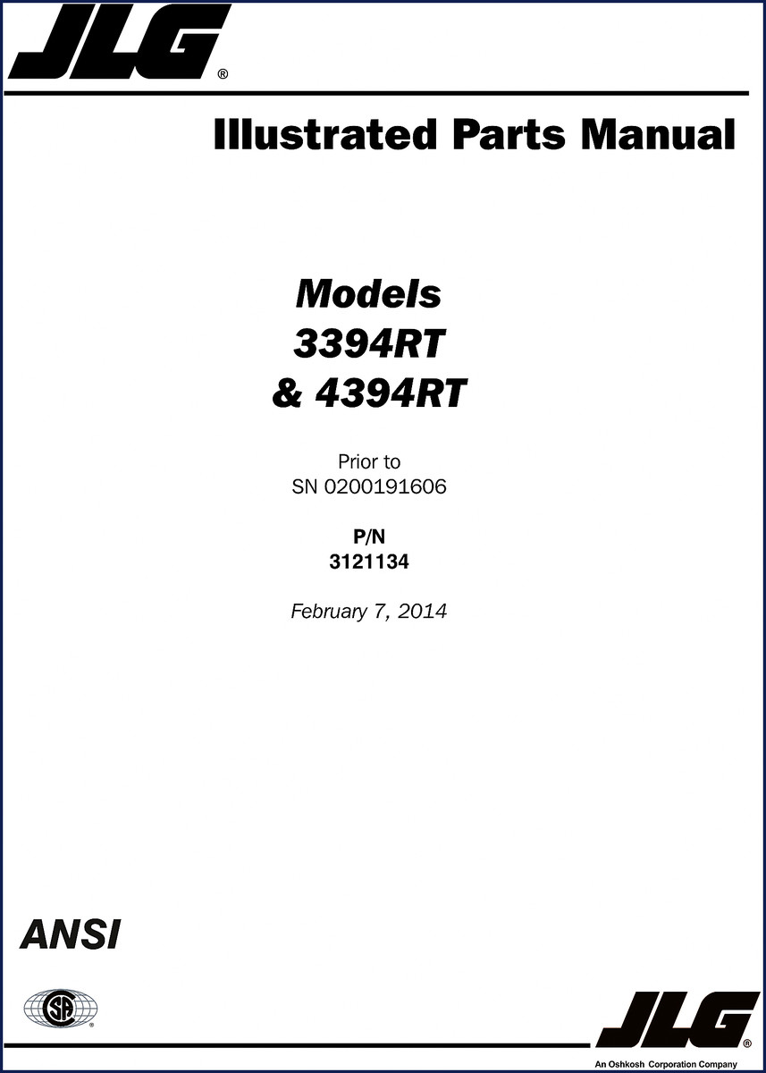 JLG 3394RT and 4394RT 2014 Parts Catalog cover - factory OEM manual