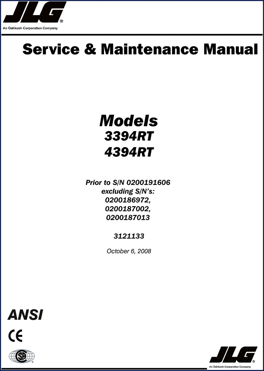 JLG 3394RT 4394RT 2008 Service Manual cover showing OEM document for 3394RT and 4394RT models