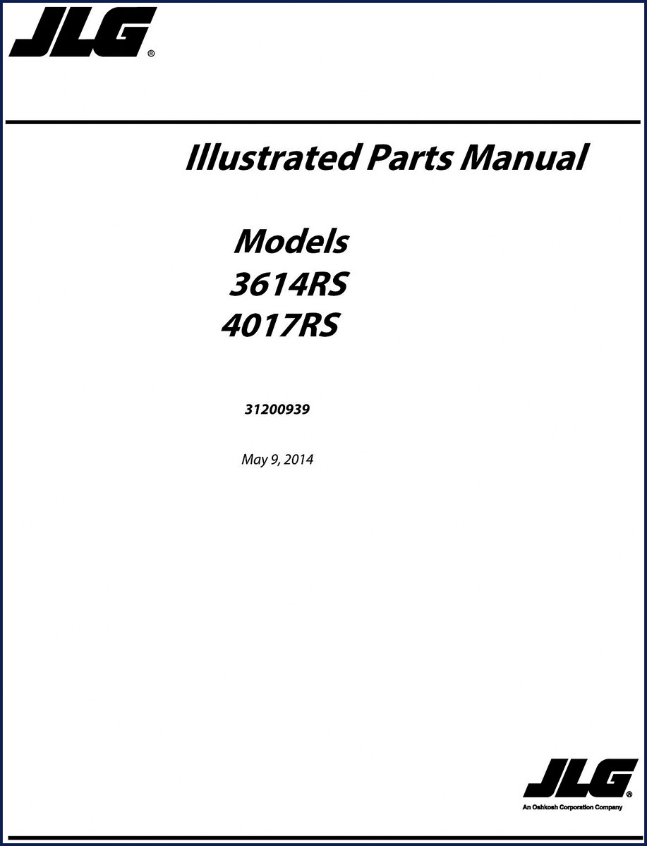 JLG 3614RS 4017RS 2014 Parts Catalog cover showing model numbers and factory logo