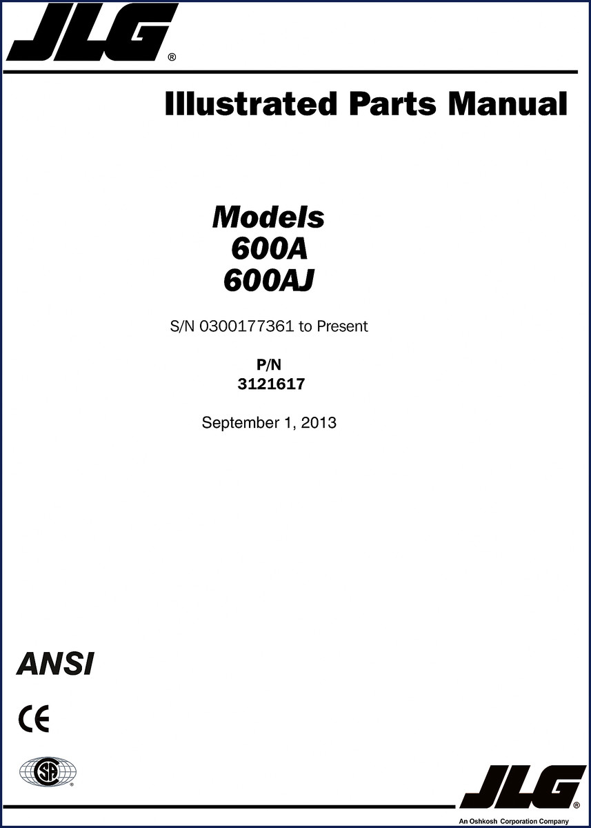 JLG 600A 600AJ 2013 Parts Catalog cover – OEM manual with 282 pages