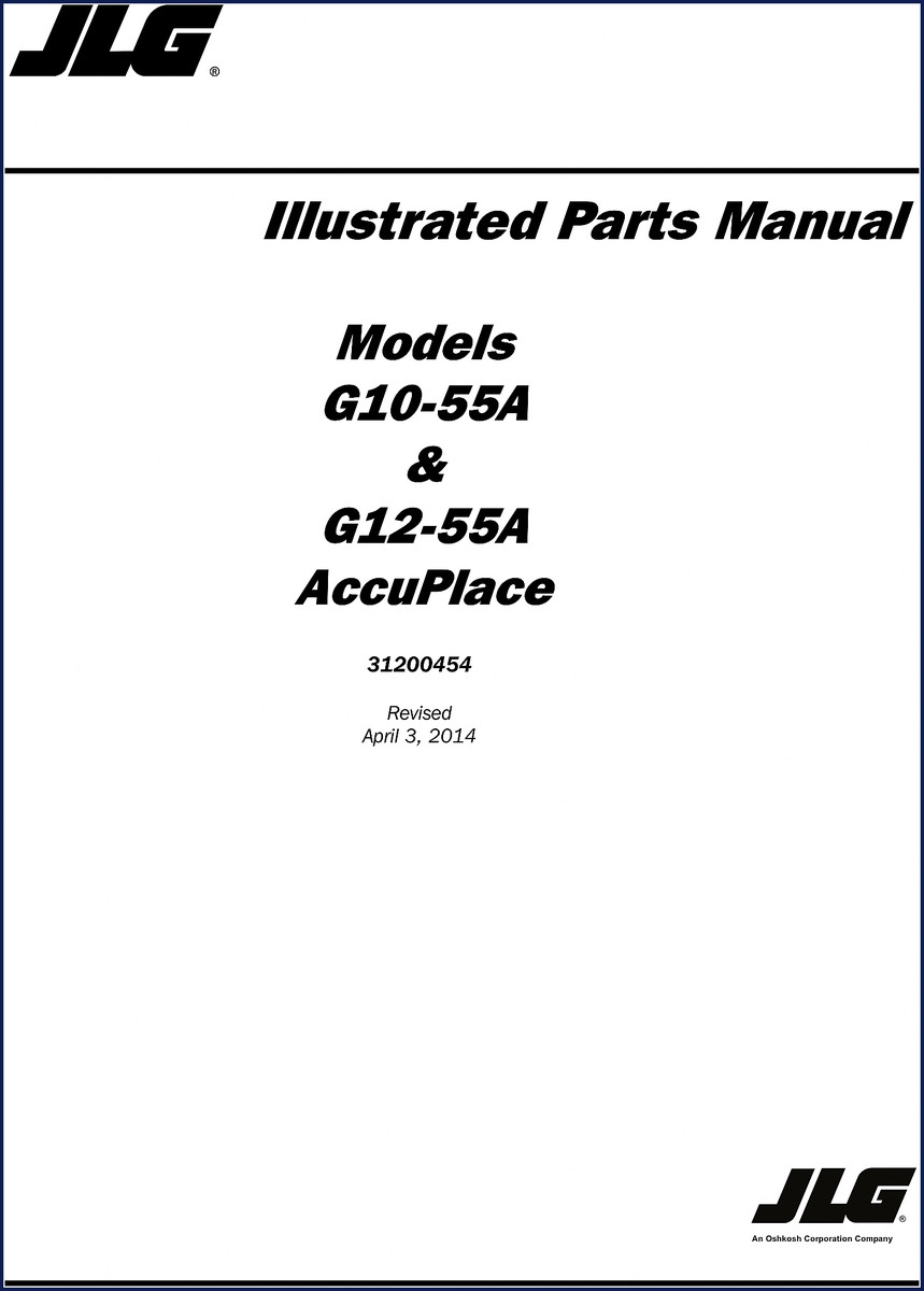JLG G10-55A G12-55A 2014 Parts Catalog cover page with factory illustrations
