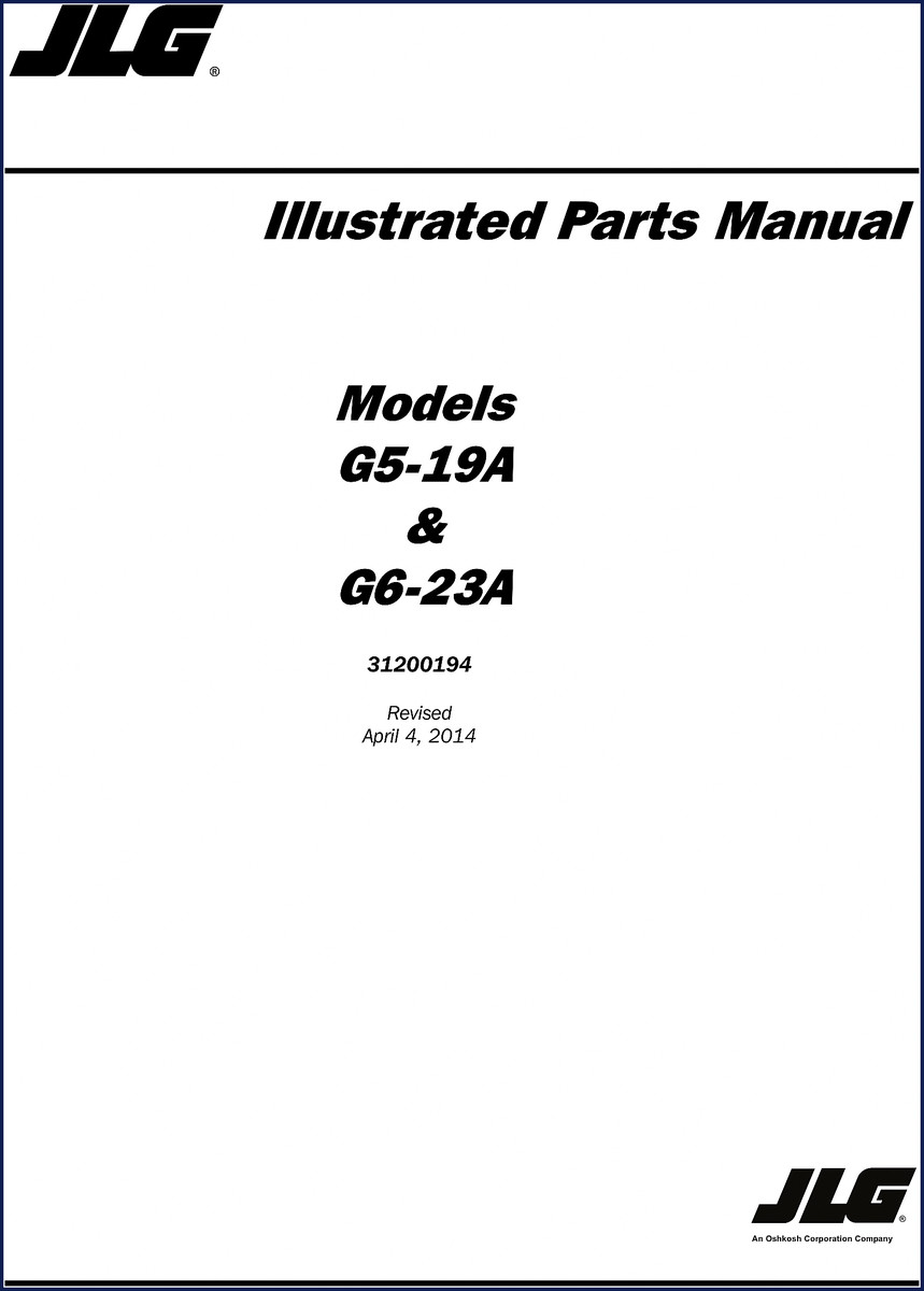 JLG G5-19A G6-23A 2014 Parts Catalog cover showing telehandler and model numbers
