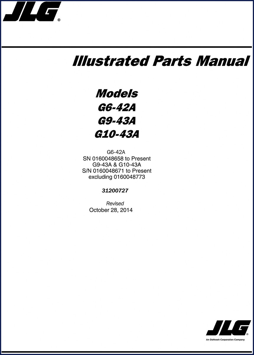 JLG G9-43A G10-43A G6-42A 2014 Parts Catalog cover