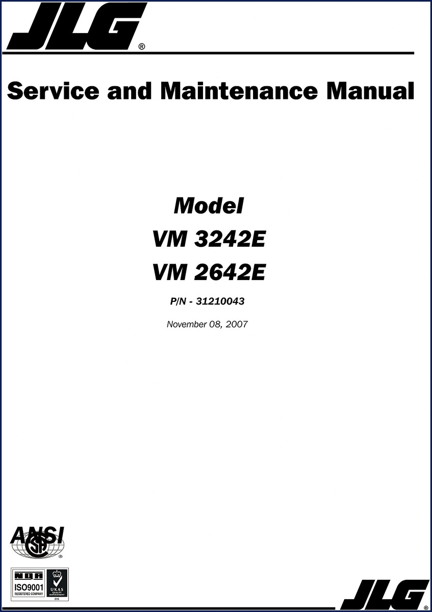 JLG VM 3242E and VM 2642E 2007 Service Manual cover with model numbers and OEM part number 31210043