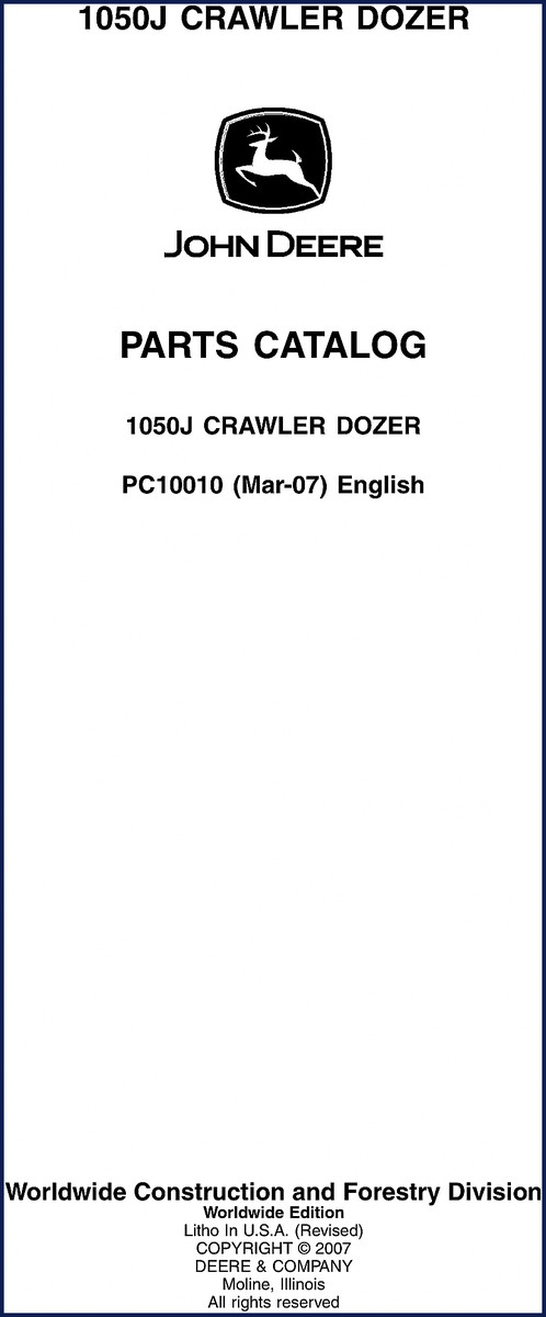 John Deere 1050J Crawler Dozer parts catalog cover, 2007, OEM factory manual
