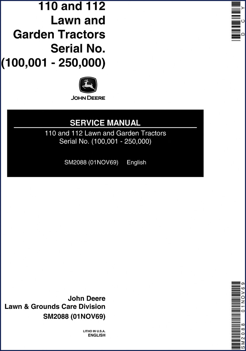 John Deere 110 and 112 1969 Service Manual cover page - OEM factory document with engine and electrical specs