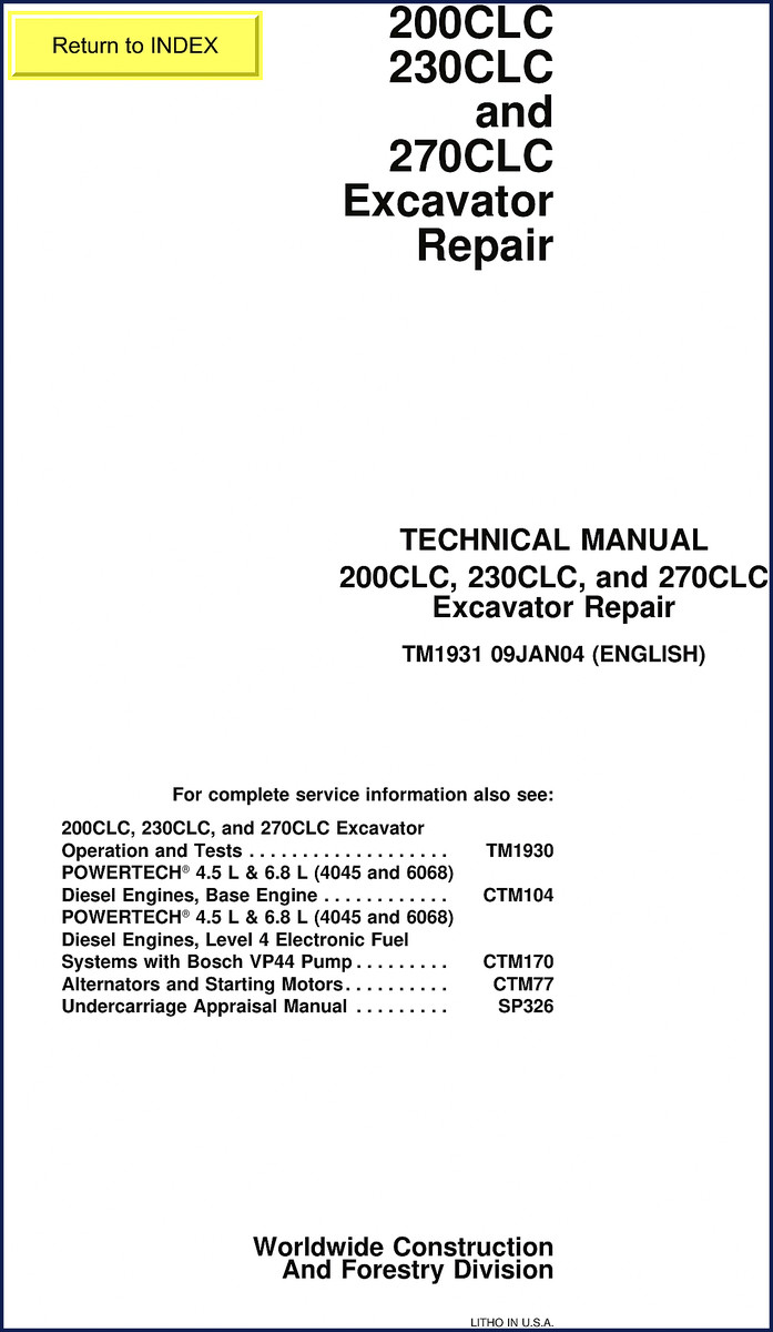 John Deere 200CLC 230CLC 270CLC 2004 Technical Manual cover - 408 pages factory repair manual