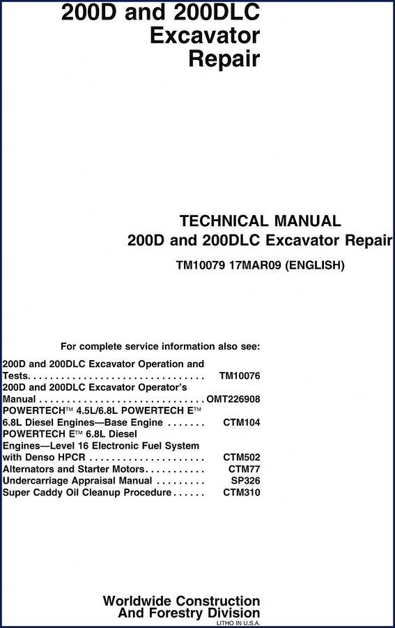 John Deere 200D 200DLC 2009 Repair Manual cover - OEM factory service manual for excavator