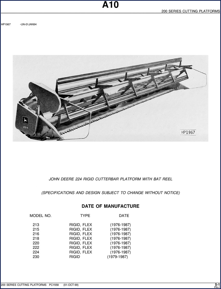 John Deere 213-220 1999 OEM Parts Catalog cover showing cutting platform illustration