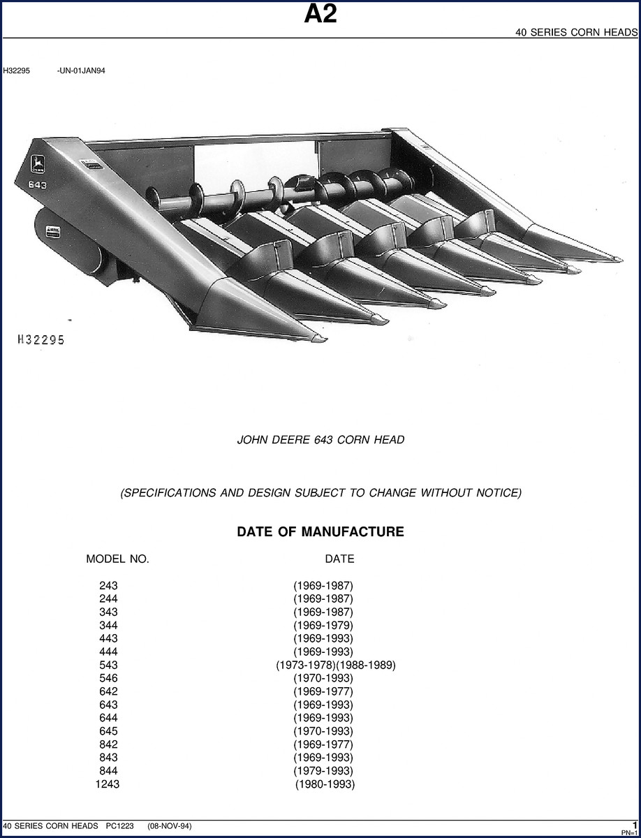 John Deere 243 Corn Head Parts Catalog 1994 OEM grid index cover