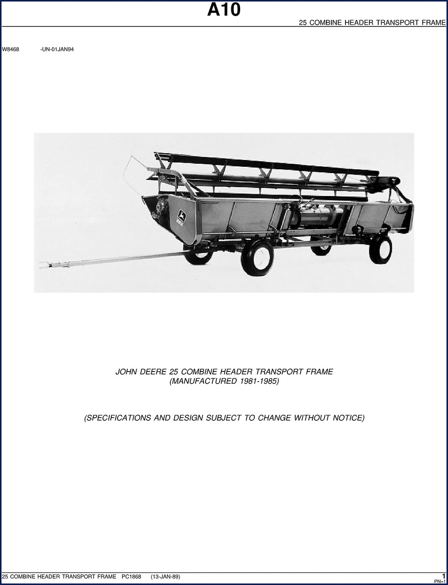 John Deere 25 combine header transport frame parts catalog cover page 1989 OEM