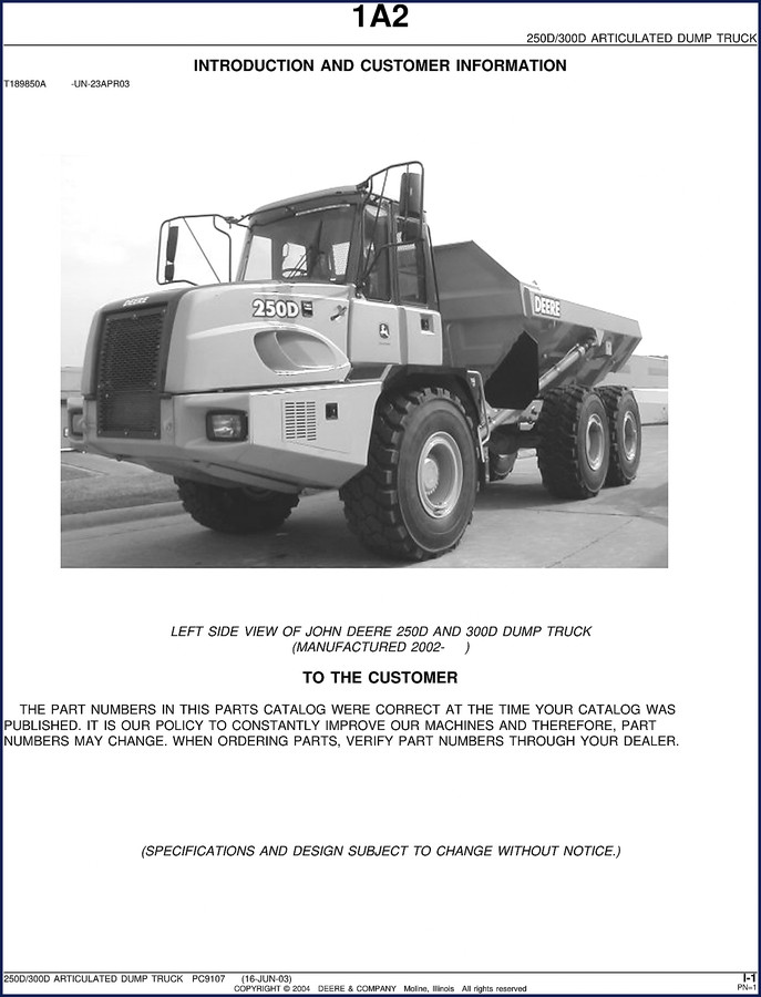 John Deere 250D/300D Articulated Dump Truck Parts Catalog 2004 front cover