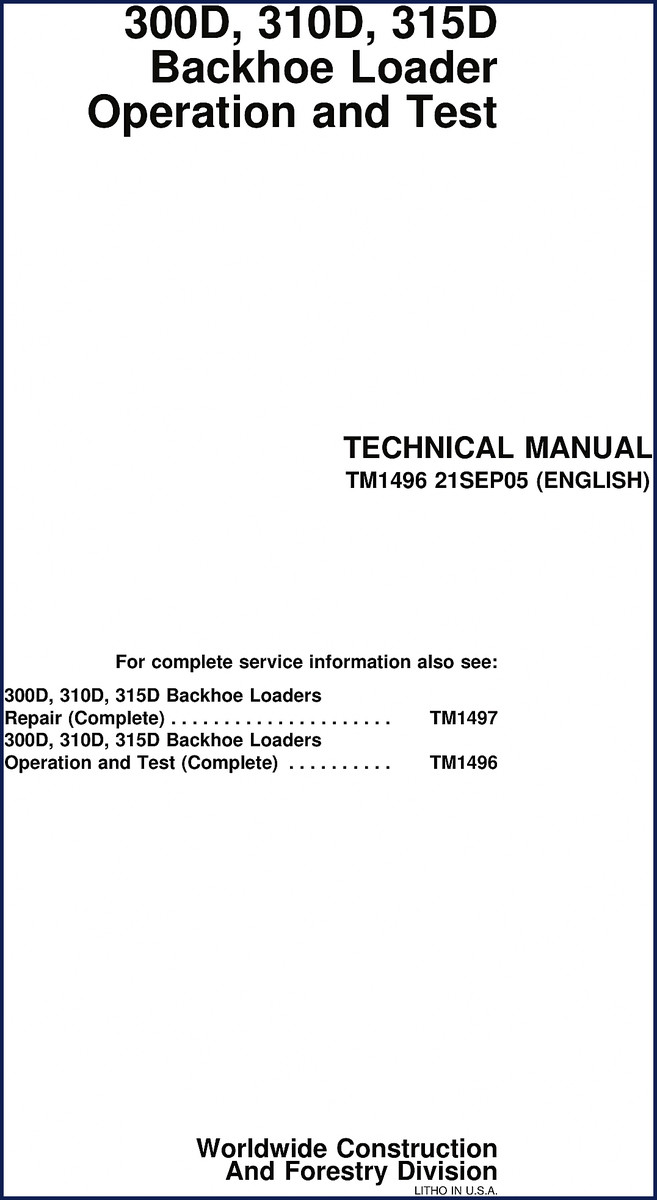 John Deere 300D 310D 315D 2005 Technical Manual cover showing backhoe loader