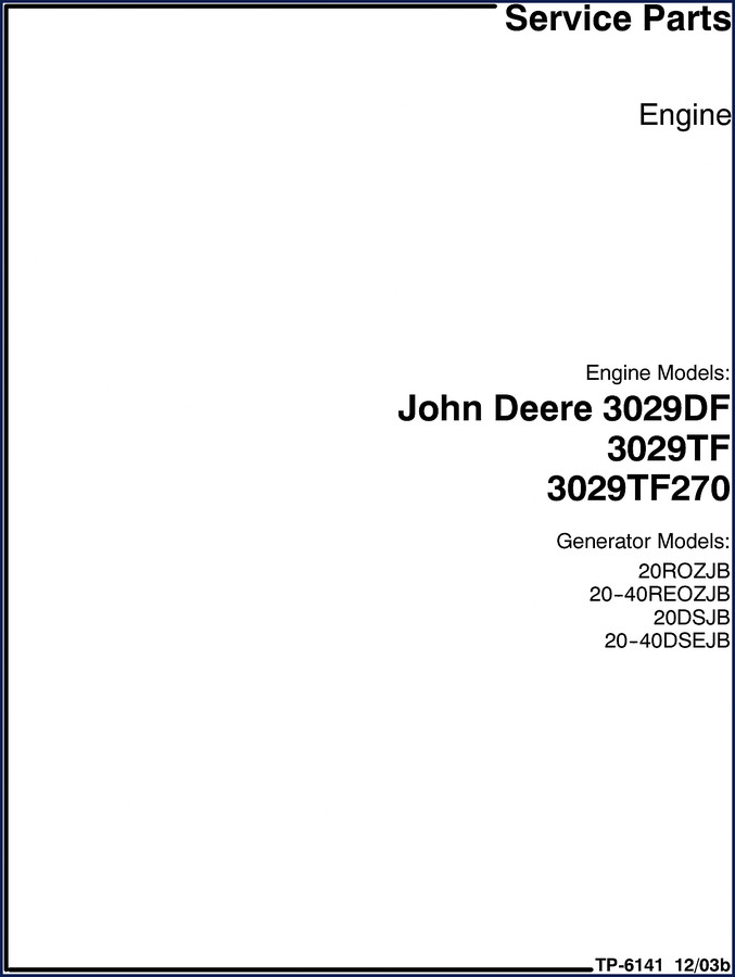 John Deere 3029DF 3029TF 3029TF270 2003 Parts Catalog cover