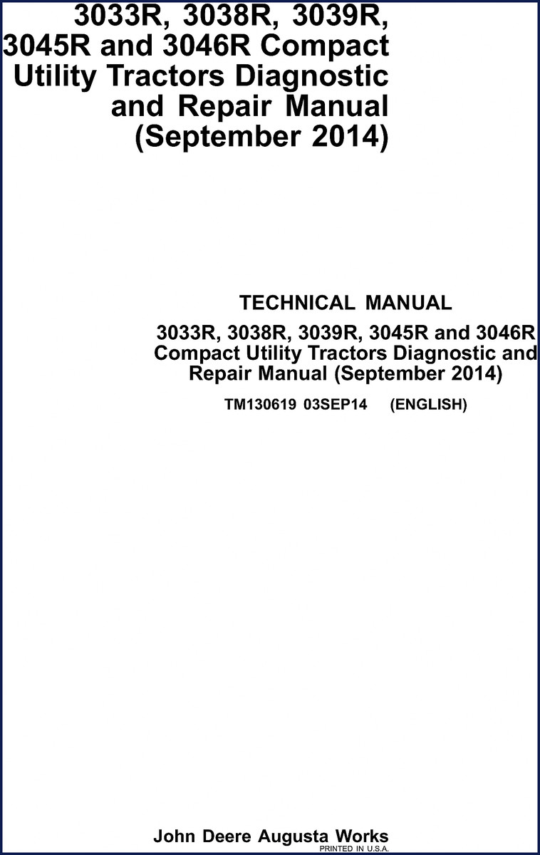 John Deere 3033R, 3038R, 3039R, 3045R, 3046R 2014 Technical Manual cover page showing tractor and manual title