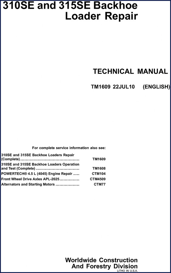 John Deere 310SE and 315SE 2010 Technical Manual cover