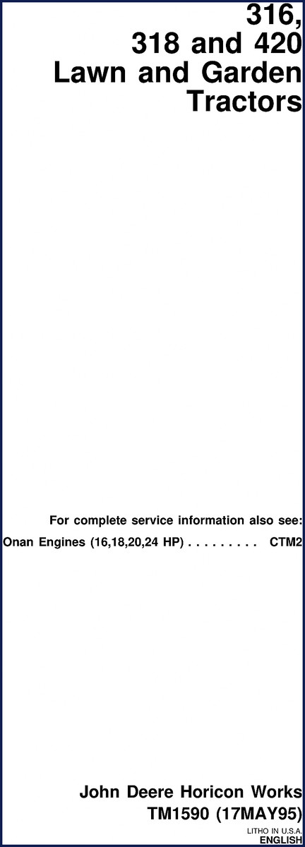 John Deere 316 318 420 1995 Service Manual cover - factory OEM service documentation