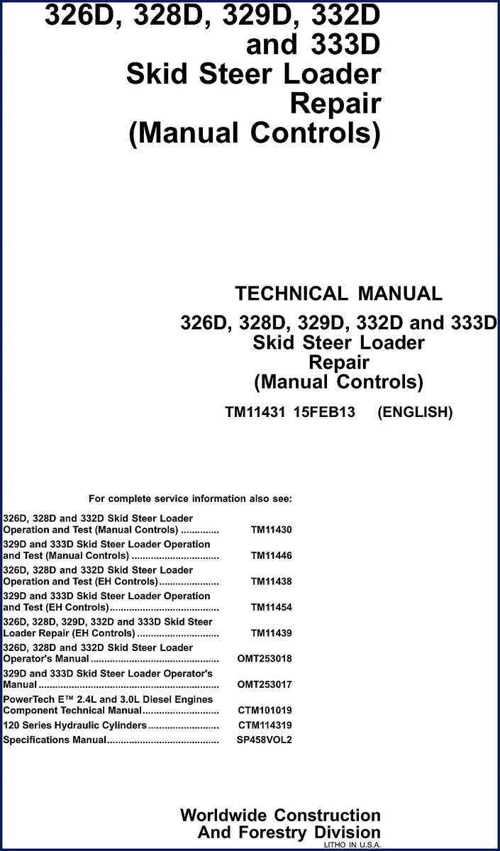 John Deere 326D repair manual cover - 2013 OEM factory document for skid steer loader