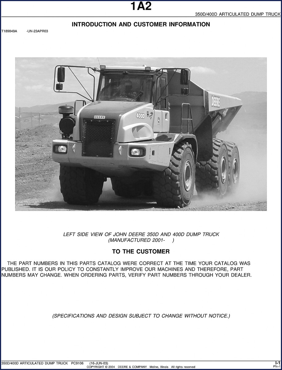 John Deere 350D 400D 2004 Parts Catalog cover