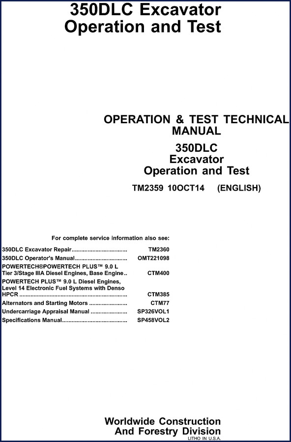 John Deere 350DLC 2014 Technical Manual cover – factory operation and test manual