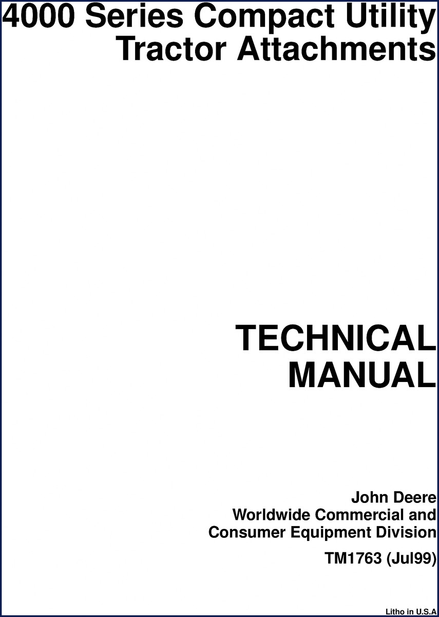John Deere 4000 1999 Technical Manual cover page showing factory specifications for backhoes and attachments