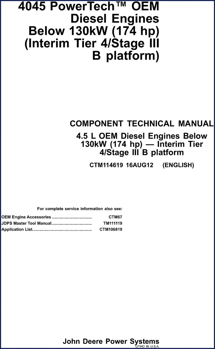 John Deere 4045 2012 Technical Manual cover showing Component Technical Manual CTM114619 for 4.5L OEM Diesel Engines