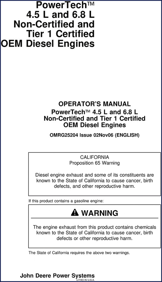 John Deere PowerTech 4.5L and 6.8L Tier 2 Operators Manual cover page showing engine diagrams and safety warnings