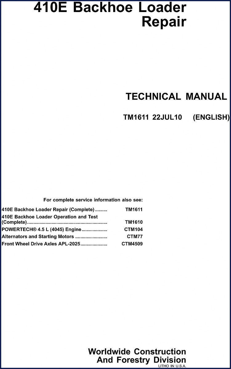 John Deere 410E Backhoe Loader 2010 Technical Manual cover