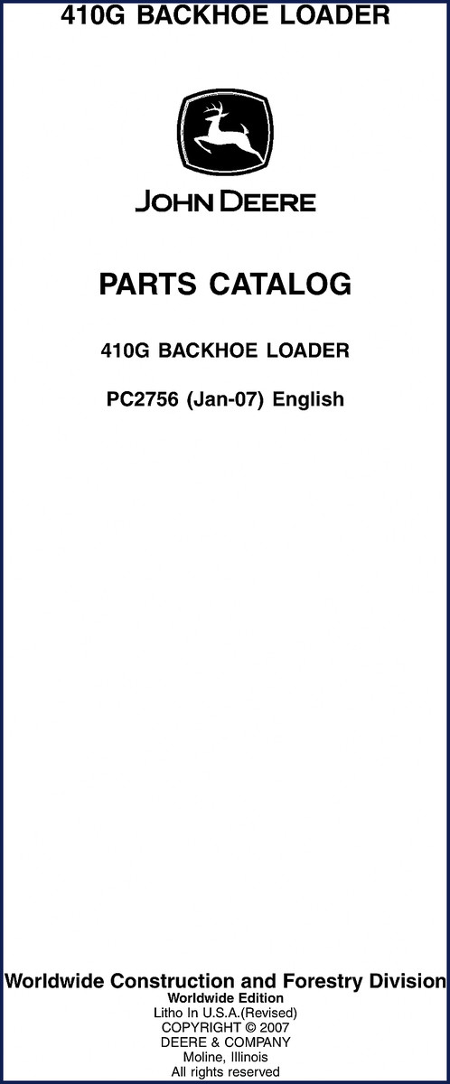 John Deere 410G 2007 Parts Catalog cover showing backhoe loader and part number PC2756