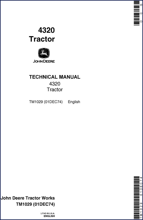 John Deere 4320 1974 Technical Manual cover showing tractor illustration