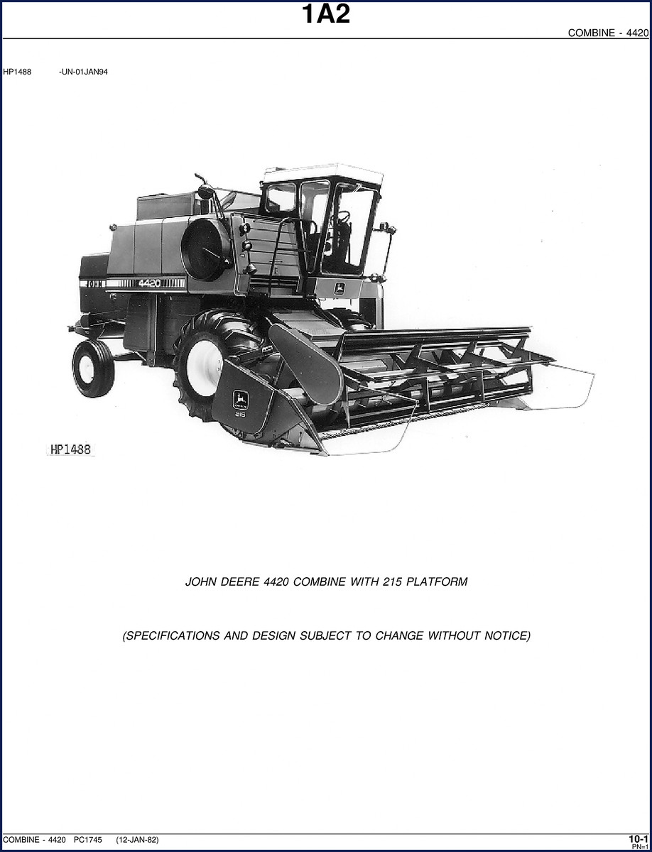 John Deere 4420 Combine 1982 Parts Catalog front cover