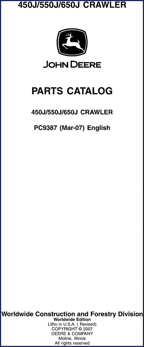 John Deere 450J 550J 650J 2007 Parts Catalog cover page showing crawler diagram and OEM logo