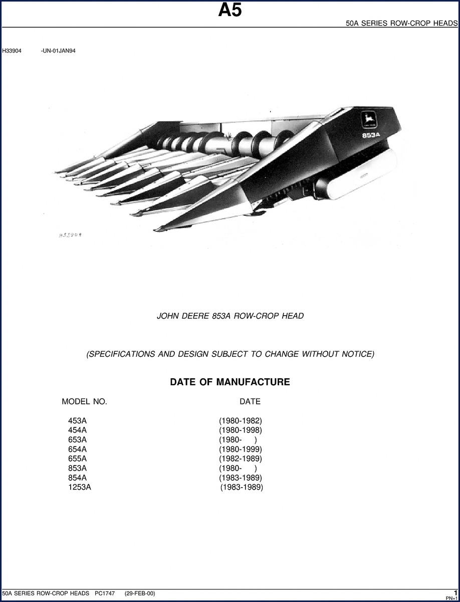 John Deere 453A row-crop head parts catalog front cover - 2000 OEM factory manual
